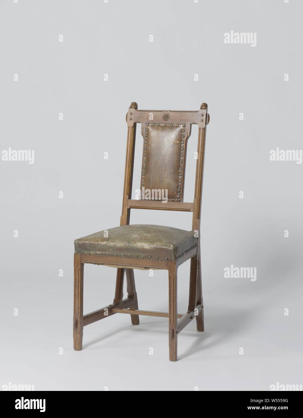 Chair with a brown leather upholstery, Chair of oak. The front and rear