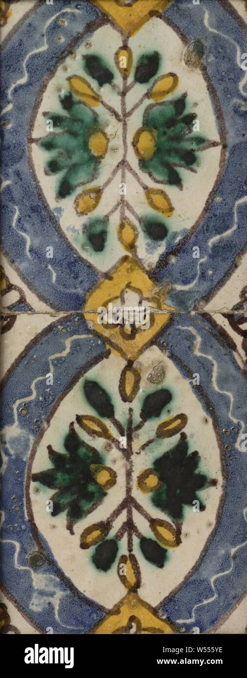 Tile, Tile of earthenware, painted in blue, green, yellow and manganese, blue oval with symmetrical leaf motif. Parts of rosettes in the corners., anonymous, Spain, 1700 - 1800, earthenware, h 30 cm w 16 cm × d 35 cm Stock Photo