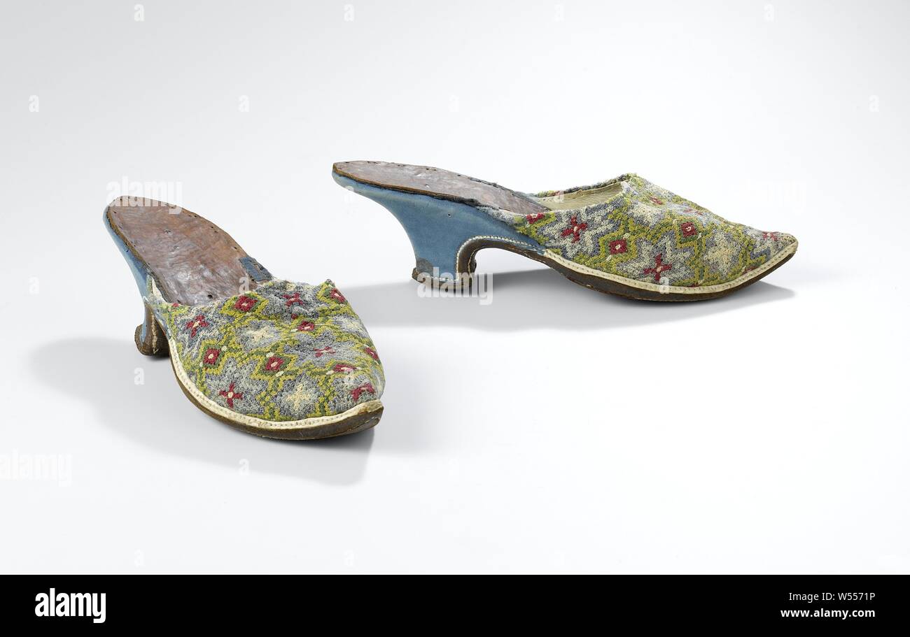 Mules with embroidered front sheet of silk on canvas, with pattern of blue  star flowers on yellow ground with green network with red diamonds and  white dots, Mules with front sheet of