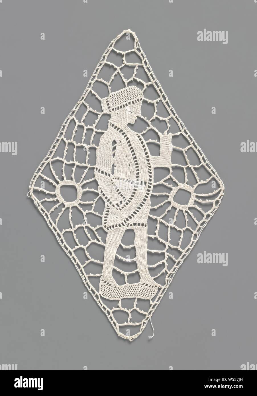 Needle lace insert in the shape of a diamond with a man wearing a coat and raising a hand, Needle lace insert: flat Venetian lace. Diamond shaped model. The pattern consists of a man with a rounded coat and a round 'pillbox' hat. He or she raises one hand while the other hand is in the jacket (pocket). On both sides, in the corners of the window, people are flanked by square flowers or sun. The motifs are made in densely finished festival stitches with recesses. The motifs are connected with each other by pictured bars, Human Being, Man in General, anonymous, Tsjechoslowakije (possibly), c Stock Photo
