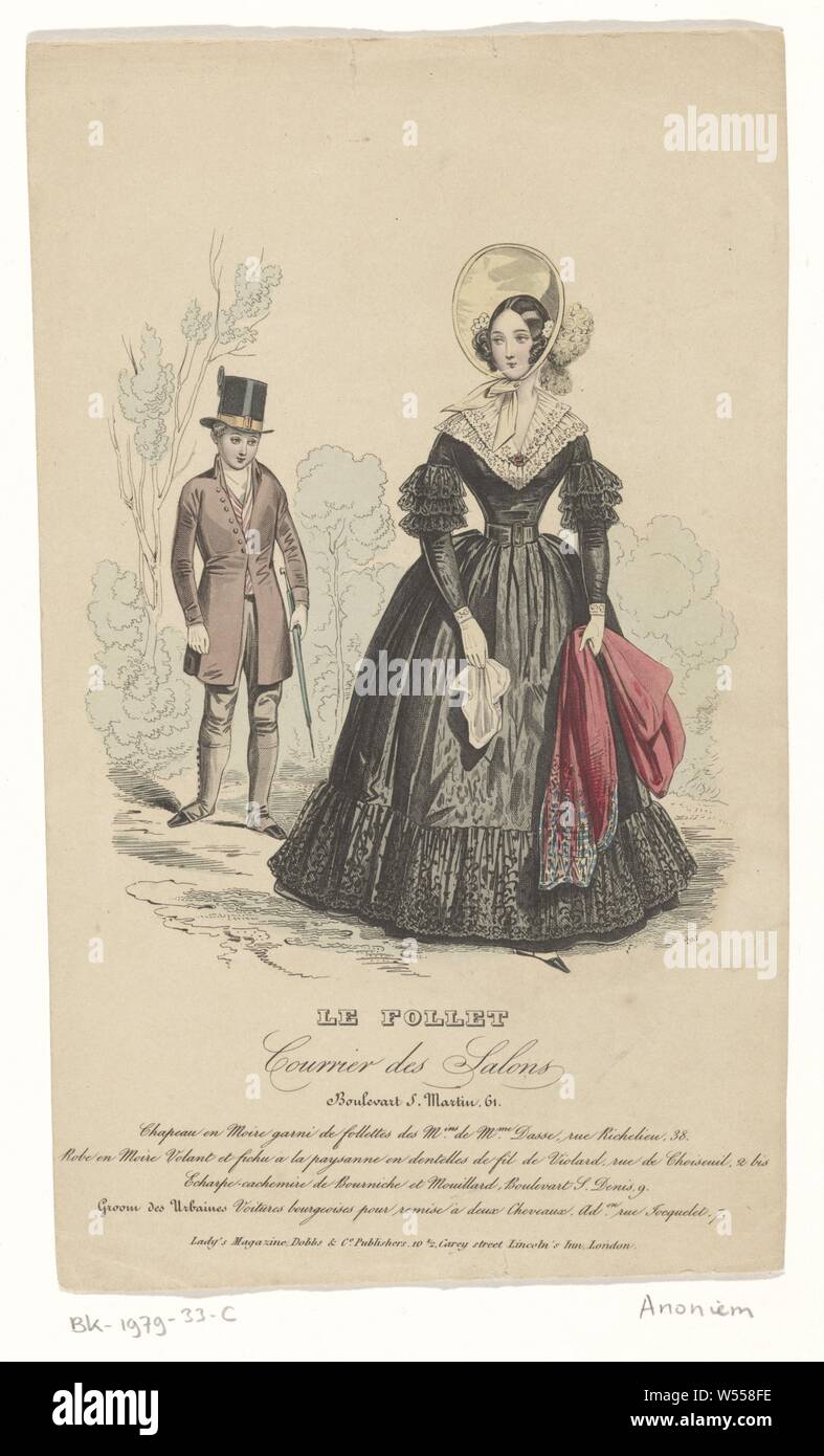 Fashion item of a lady in a black dress with double white lace collar in  the background a gentleman with a top hat and trees, Fashion item of a lady  in a