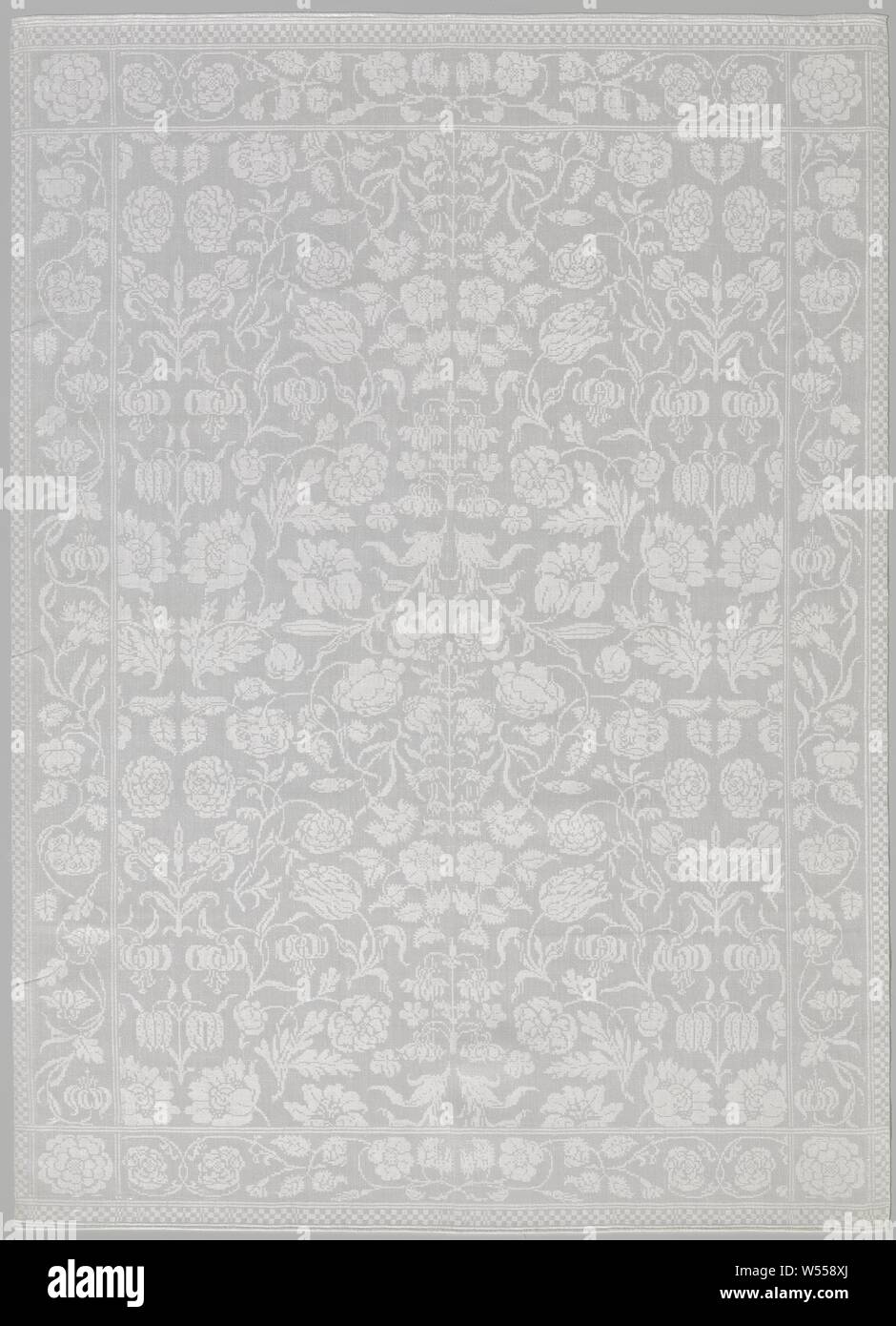 napkin with flower pattern, White linen damask napkin with a pattern of scattered flowers. Brand IG and 12., anonymous, Noord-Nederland, 1670 - 1680, linen (material), damask, h 108.6 cm h 108.8 cm w 78.2 cm w 78.4 cm Stock Photo
