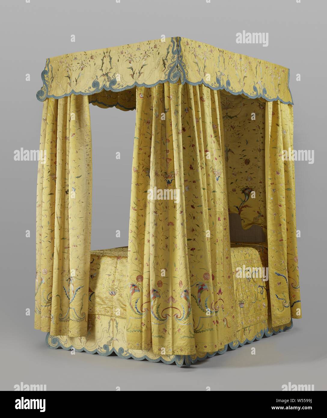 Download Bed Hangings Yellow Silk Bed Set Multicolored Embroidered Consisting Of A Bedspread Back Wall Mattress Covers PSD Mockup Templates