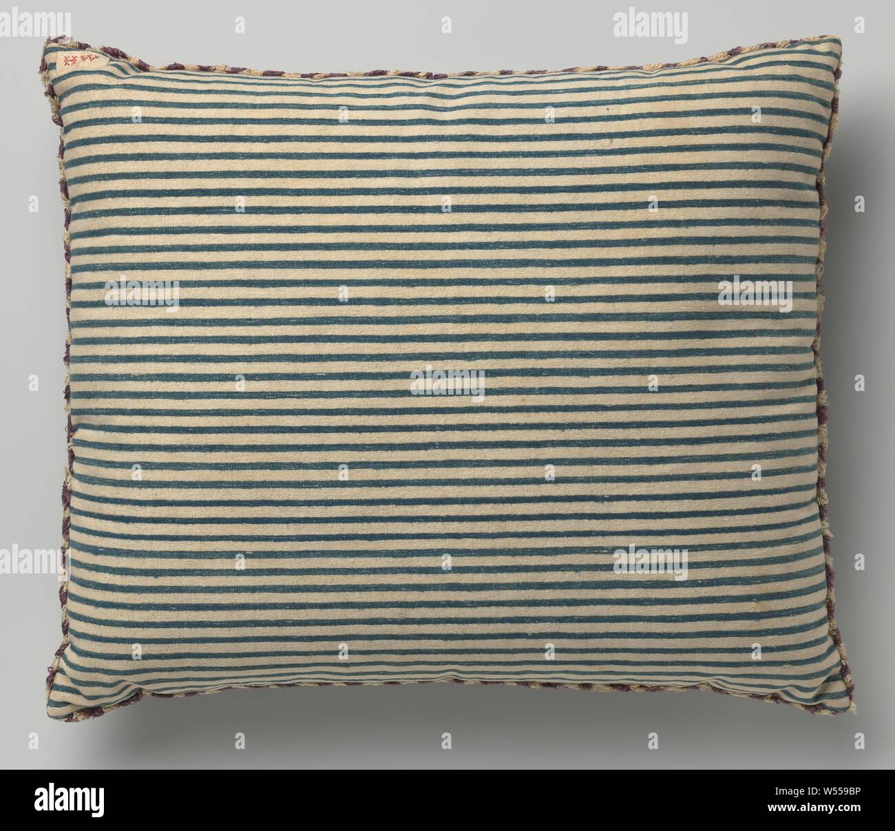 Pillow covered with ticking, with silk-bordered frills in white and purple, white-blue stripes. All around silk loop frills in white and purple. In a corner initials HW., anonymous, Northern Netherlands (possibly), 1700 - 1850, silk, h 48.0 cm × w 57.0 cm × d 15.0 cm Stock Photo