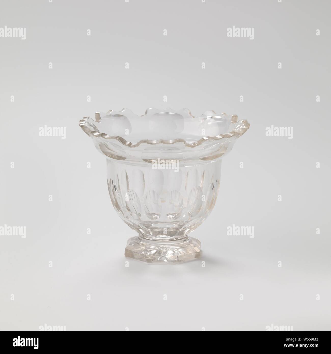 Sugar bowl made of cut crystal on octagonal base, Round sugar bowl made of cut crystal. The pot rests on an octagonal base. The bulbous vessel has a sloping, scalloped top edge., anonymous, Netherlands (possibly), c. 1881, crystal (lead glass), h 10 cm × d 11 cm Stock Photo