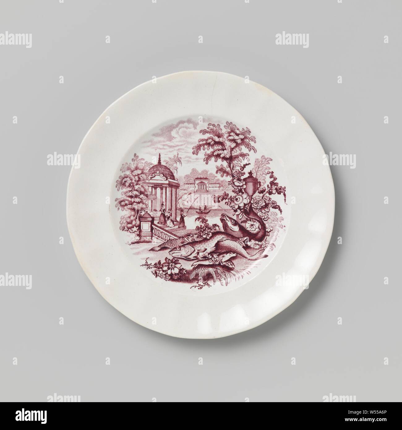 Nieuw Plate, angular, with lilac landscape with fishing figures, Plate BT-38