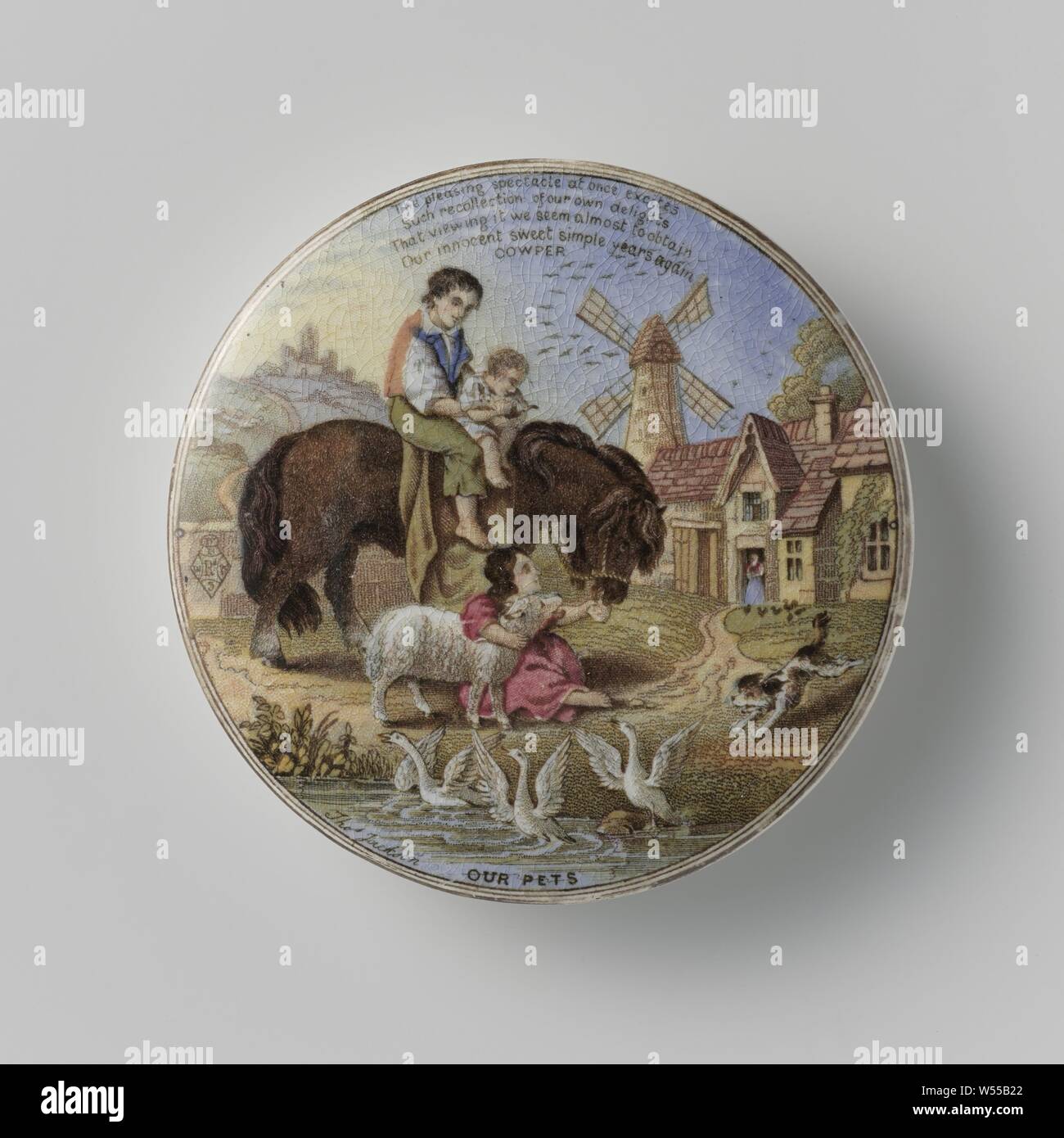 Pot Lid With A Man And A Child On Horseback Surrounded By