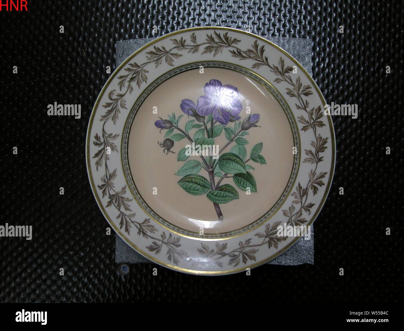 Plate with a flower spray, Porcelain plate, painted on the glaze in green, yellow, purple, brown, black and gold. On the shelf a flower branch on a salmon-colored background. The wall with a narrow decorative band and on the edge a continuous leaf tendril with golden lines. On the underside the inscription 'Rhexia muricata / Popaijan. Marked on the bottom with the scepter, the red eagle, a scepter and a globe in its claws, with K.P.M. and the number 32 III., Königliche Porzellan Manufaktur, Berlin, c. 1825 - c. 1835, porcelain (material), glaze, gold (metal), vitrification, h 3.3 cm d 24.6 cm Stock Photo
