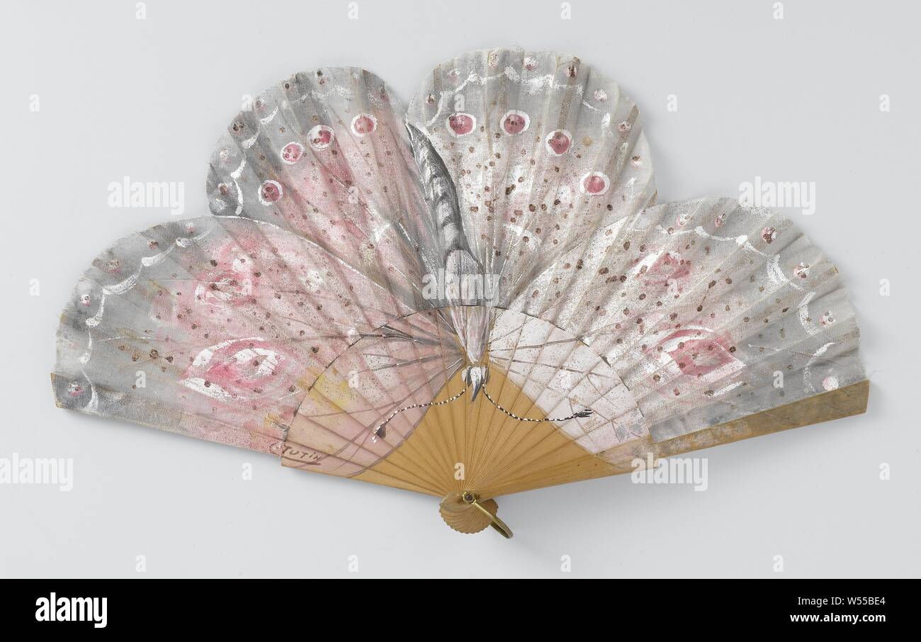 Folding fan with scalloped sheet of cotton gauze entirely painted as  butterfly in pink, silver and white, on a wooden frame, Folding fan with  scalloped sheet of cotton gauze completely painted as