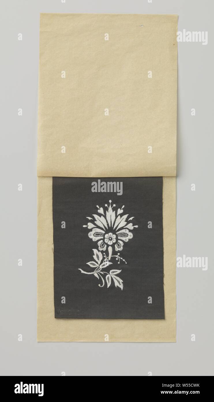 Workpiece for Diploma beautiful handicrafts, Piece of black cotton satin with flower spigot embroidered in white., Geesje Smid, Netherlands, c. 1890 - c. 1900, satin, cotton (textile), embroidering, h 13.5 cm × w 10.5 cm Stock Photo