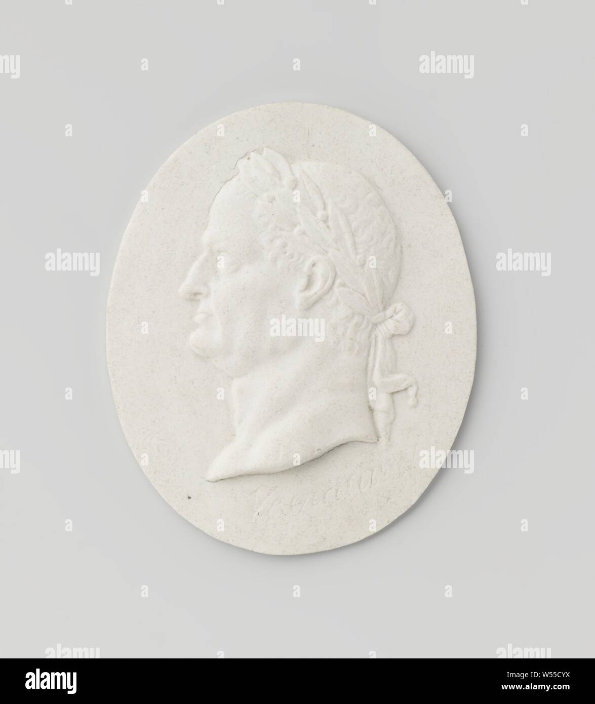 Emperor Vespasian, Portrait medallion of biscuit, depicting the Roman emperor Vespasian according to the engraved inscription., Manufactuur Oud-Loosdrecht, Loosdrecht, c. 1782 - c. 1784, porcelain (material), h 7.9 cm × w 6.3 cm × t 1 cm Stock Photo