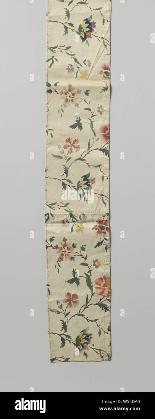 Fragment of multicolored printed silk, Fragment of multicolored silk fabric. A white ground has a printed pattern of multicolored flower branches in stencil technique., anonymous, England, 1770 - 1780, silk, h 127 cm × w 15 cm Stock Photo