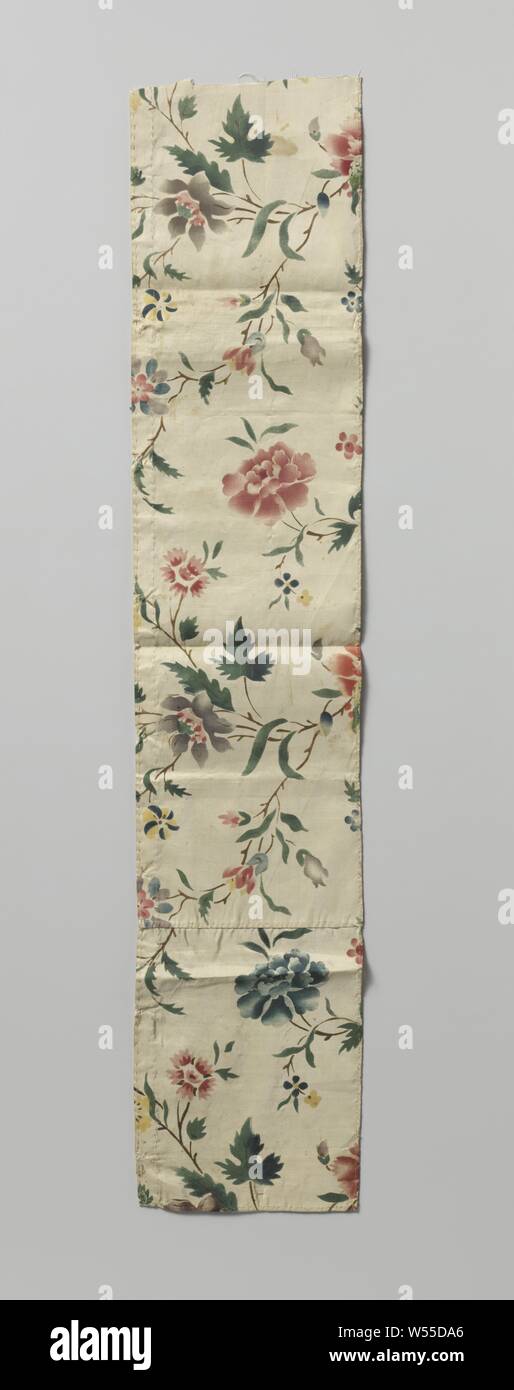Fragment of multicolored printed silk, Fragment of multicolored silk fabric. A white ground has a printed pattern of multicolored flower branches in stencil technique., anonymous, England, c. 1775, silk, h 16 cm × w 79.5 cm Stock Photo