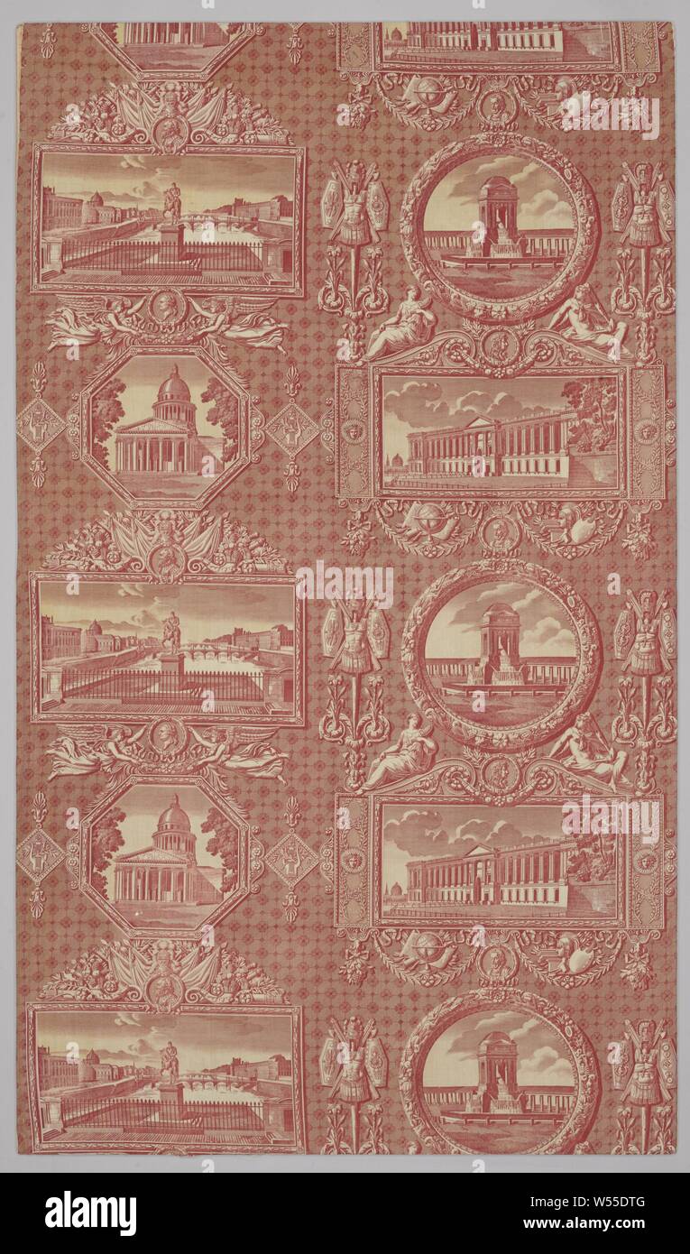 Fragment of printed cotton with a décor: monuments de Paris., Fragment of cotton with roll print and block print in the colors red, yellow, purple and yellow. On the left, the Pont Neuf alternates with the equestrian statue of Henry IV with the Panthéon, on the right the Fontaine des Innocents with Perrault's east façade of the Louvre. The shows are set in medallions and cartouches. Portraits of the French kings Henry II, Henry IV, Louis XIV and Louis XVI are in small medallions between the performances. opaque white tin-lead-alkali glaze on which a decor in luster with people in cartouches Stock Photo