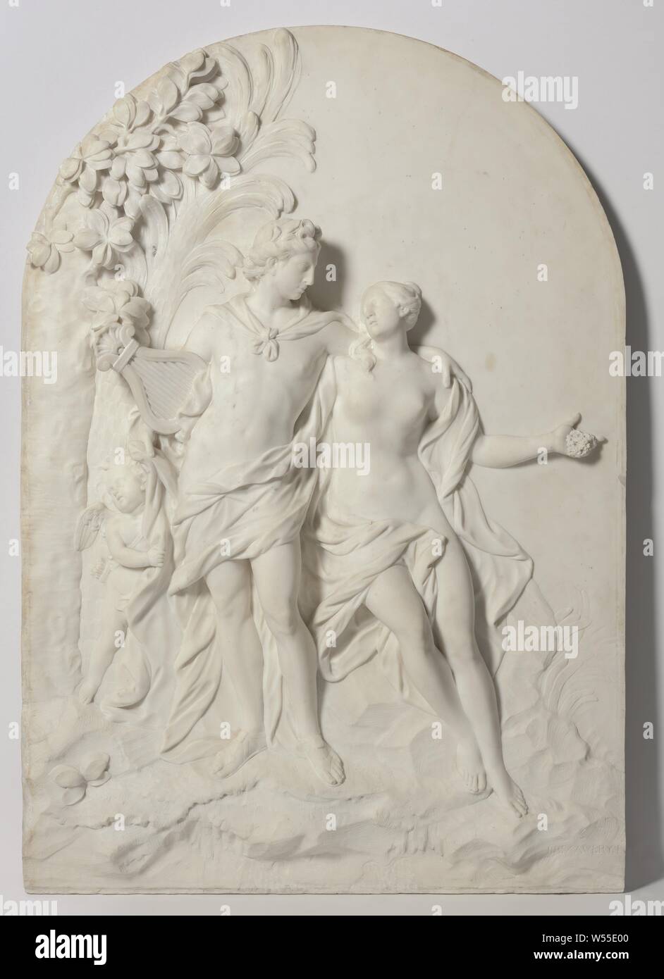 Chimney piece with Apollo and the Cumean sibylle, Chimney piece with Apollo  and the Cumean sibylle. Dated. Note: from the Trippenhuis, (story of)  Apollo (Phoebus), Jan Baptist Xavery, 1742, marble (rock), h