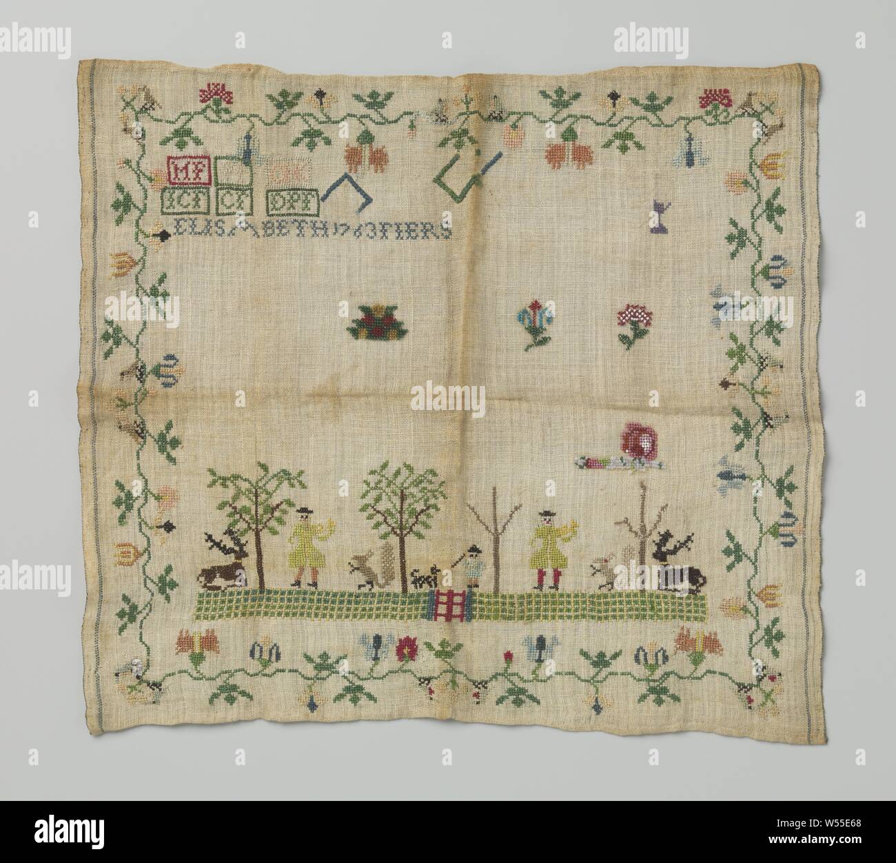 Brand patch made of linen with fox silk with scenes inside a flower border, Brand patch made of linen with fox silk with scenes inside a flower border. Dated 1763., mejuffrouw Fiers, Netherlands, 1763, l 32 cm × w 37 cm Stock Photo