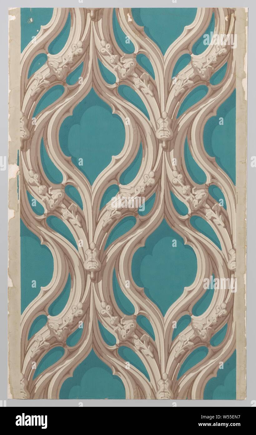 Paper wallpaper with decor of gothic window traces, Paper wallpaper with decor in block print on matted ground of gothic window traces in continuous pattern in different shades of natural stone on a sea green background., Benedetto Pastorini, Paris, c. 1900 - c. 1915, paper, block printing (relief printing process), h 86.0 cm × w 52.5 cm Stock Photo
