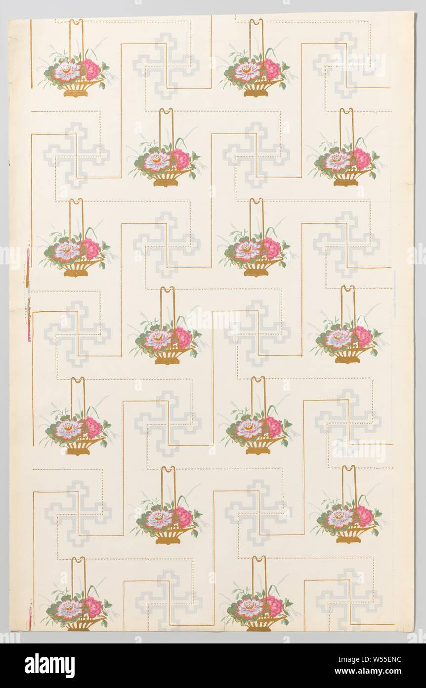 Paper wallpaper with a pattern of Chinoiserie flower baskets and St. Andrew's Cross, Paper wallpaper with a pattern of Chinoiserie flower baskets and a linear pattern with St. Andrew's Cross in eight colors and gold on an off-white fond with moiré effect. Block print with a continuous pattern on a matted stock, finished with a cylinder print., Etablissement Desfossé et Karth, Paris, c. 1900 - c. 1920, paper, block printing (relief printing process), h 80.0 cm × w 53.0 cm Stock Photo