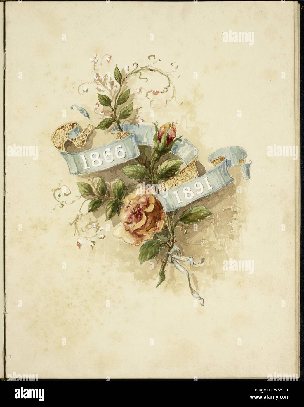 Liber amicorum Van Tienhoven-Hacke, Liber amicorum with the names of the donors of the silver ensemble on the occasion of the 25-year marriage of the Van Tienhoven-Hacke couple. On the first page a rose branch with banderole in which the dates 1866 and 1891, on the second page three orchids with the text: 'Den Heer and Mevrouw van Tienhoven Hacke On the occasion of their Silver wedding party 12 September, on the third page: 'Offered by their Friends': on the nine following pages, all decorated with a different flower and / or leaf branch, the names of the donors of the ensemble in alphabetical Stock Photo