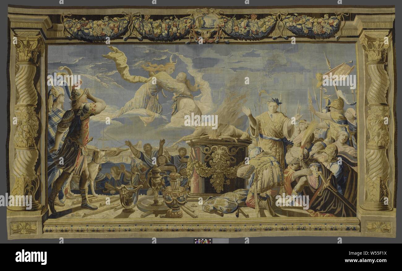 Tapestry with the intervention of Artemis during the preparation of the sacrifice of Iphigeneia The history of Iphigeneia and Orestes (series title), Tapestry with the intervention of Artemis during the preparation of the sacrifice of Iphigeneia. At the center is the altar, on which a doe has already taken the place of Iphigeneia. In the air, Artemis, recognizable by the crescent moon on her head, pulls along Iphigeneia. Lins looks at Orestes, protecting his eyes from the divine light, in the company of his friend Pylades, at the event in the clouds. Deep kneeling, Agamemnon is shown on Stock Photo