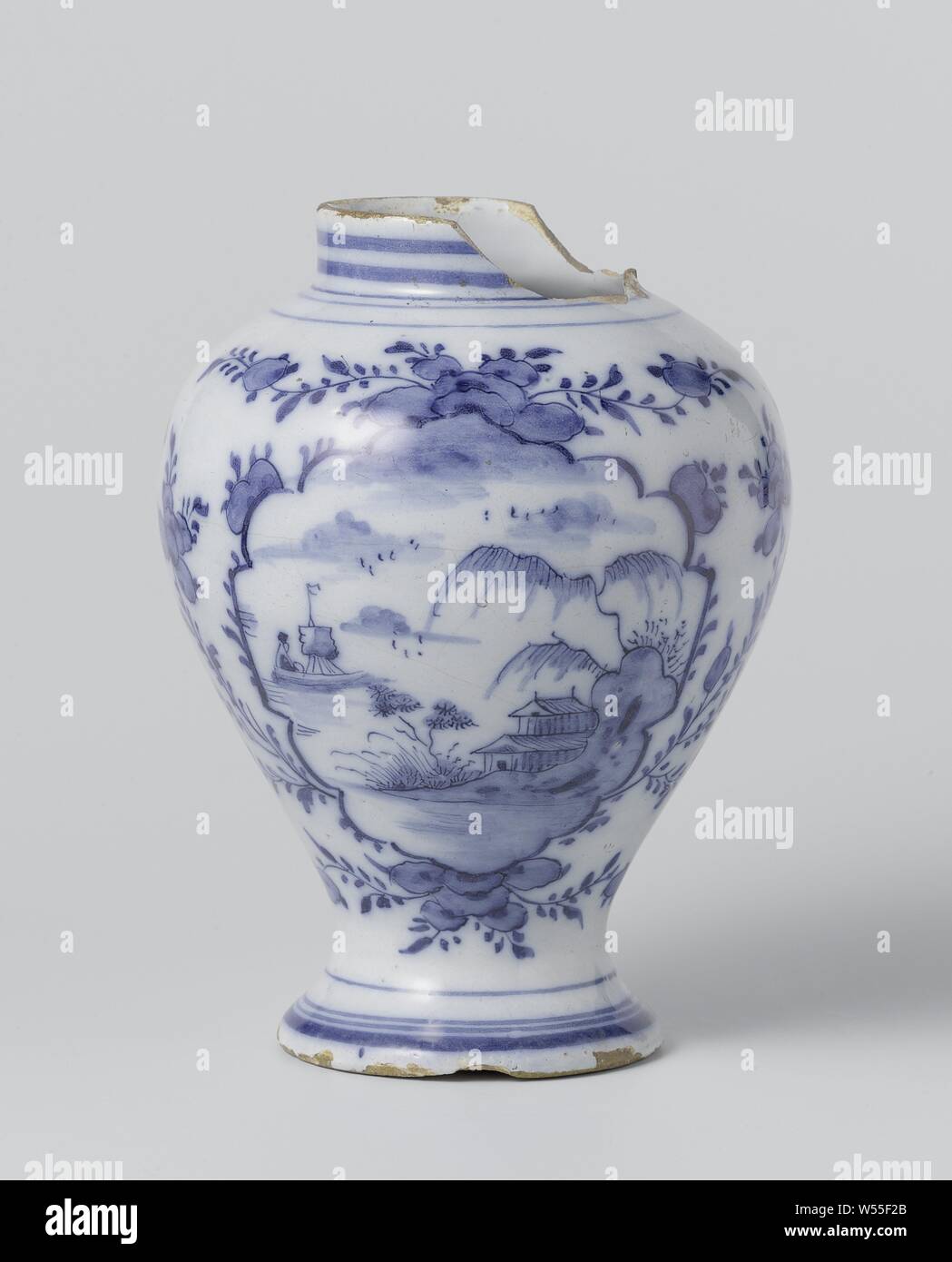 Vase, Vase of faience, painted in blue in the glaze with a landscape after Chinese example., anonymous, Delft, c. 1760 - c. 1800, h 19 cm × d 14 cm Stock Photo