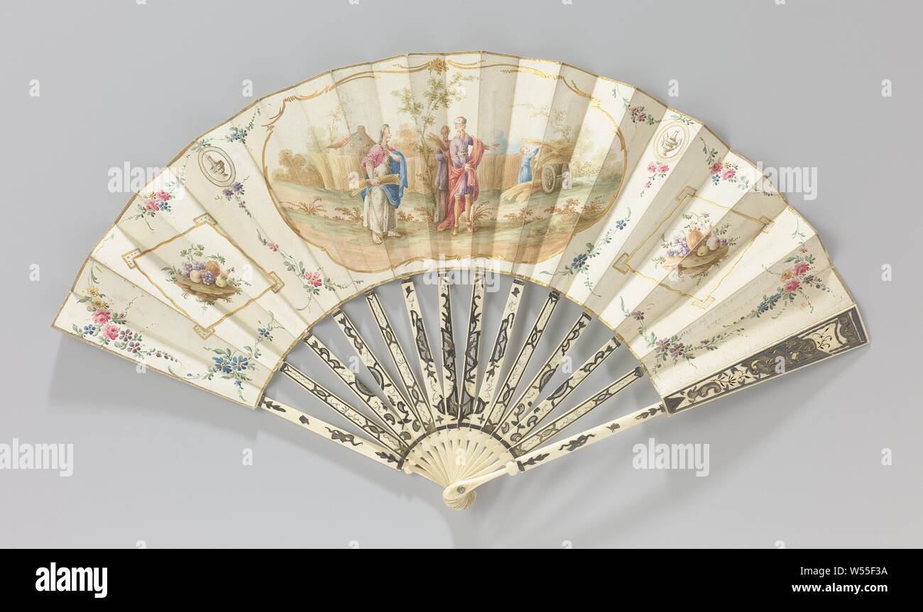 Folding fan with a presentation of the meeting between Ruth and Boas during the corn harvest, Folding fan with a sheet of paper centered with watercolor and gold paint representation of the meeting between Ruth and Boas during the corn harvest, flanked by cartouches with fruits, on an open frame of carved bone inlaid with silver leaf and gold. In the central, gold-rimmed cartouche, Ruth looks surprised at Boas, the owner of the cornfield, who 'catches' her when harvesting. Another woman is on the second plan and a boy stacks corn sheaves on the cart to the right. This is flanked by small oval Stock Photo