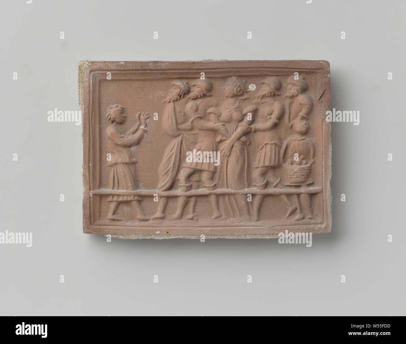 Fireplace with representation of the sentenced to death Suzanna, who is met by Daniel, who is met by Daniel. On the right a boy carries a basket with stones., anonymous, Netherlands, c. 1875 - c. 1900, earthenware, h 10 cm × w 14.5 cm × d 1.2 cm Stock Photo