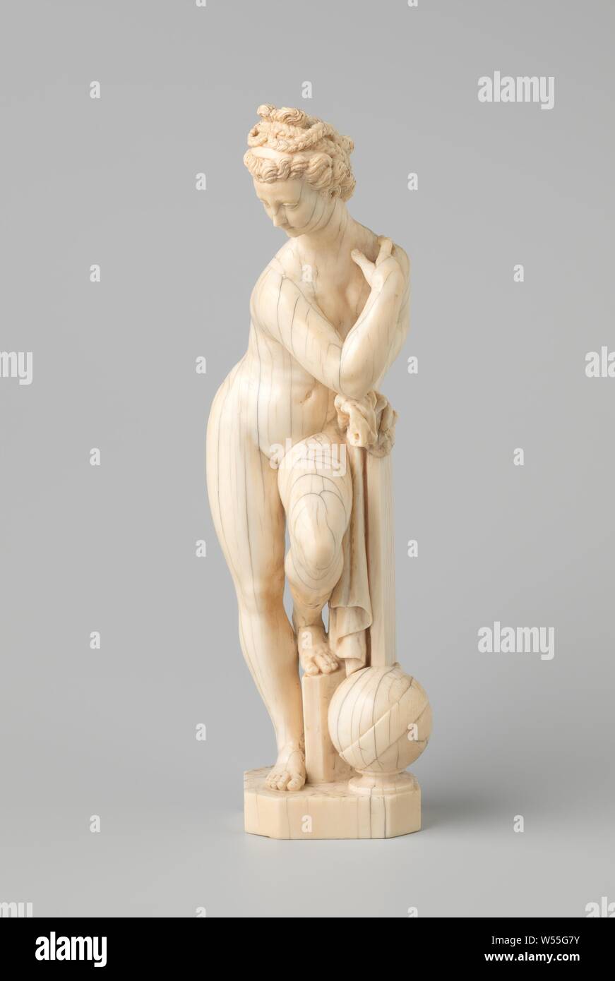 Astronomy, Venus Urania, Standing young woman in contrapposto, with left  leg raised, leaning on a beveled triangular block, next to it a globe and  on the block a large shelf on which