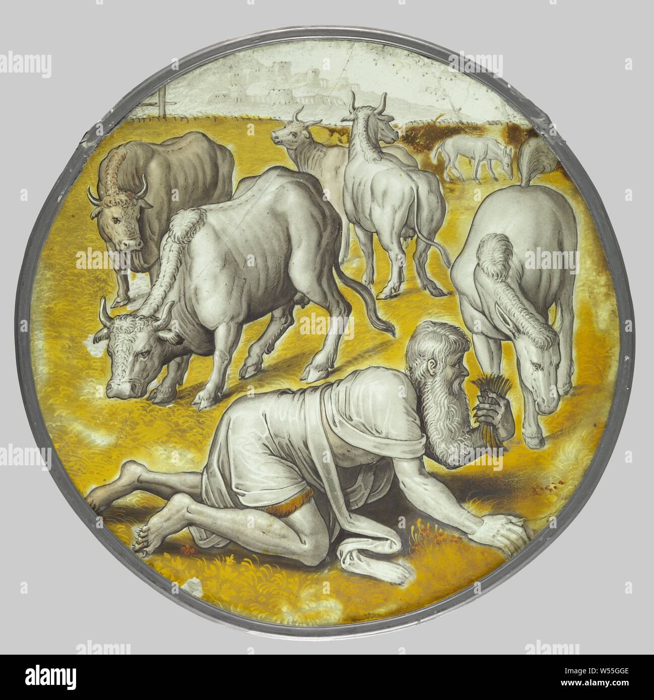 Nebuchadnezzar eats grass under the cows, King Nebuchadnezzar, has gone mad and lost his crown, crawls across the field to eat grass under the cows and horses. His nails have grown a long time., anonymous, Antwerp, c. 1560, glass, d 25.3 cm Stock Photo