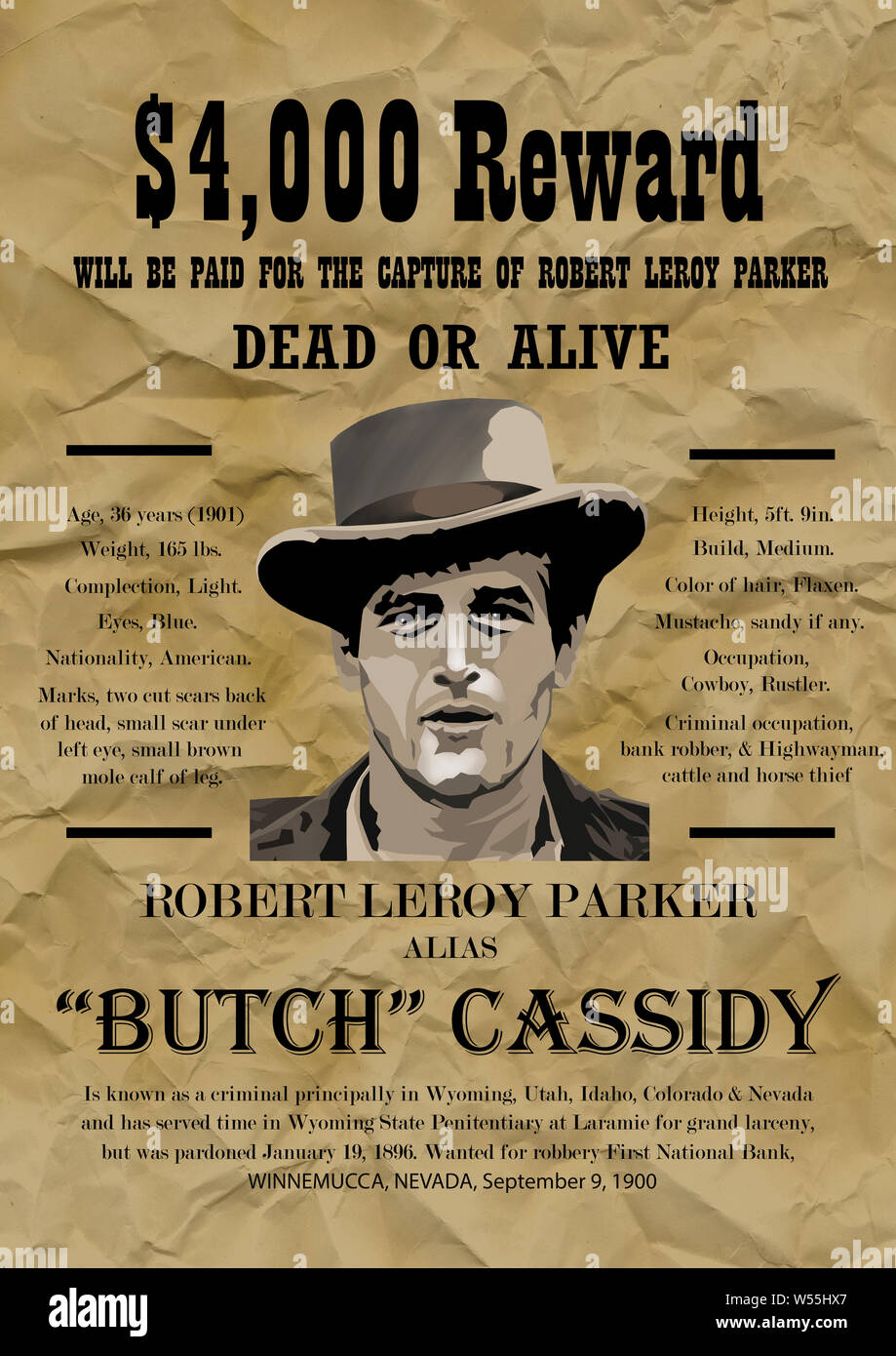 Butch Cassidy Wanted Poster. Stock Photo