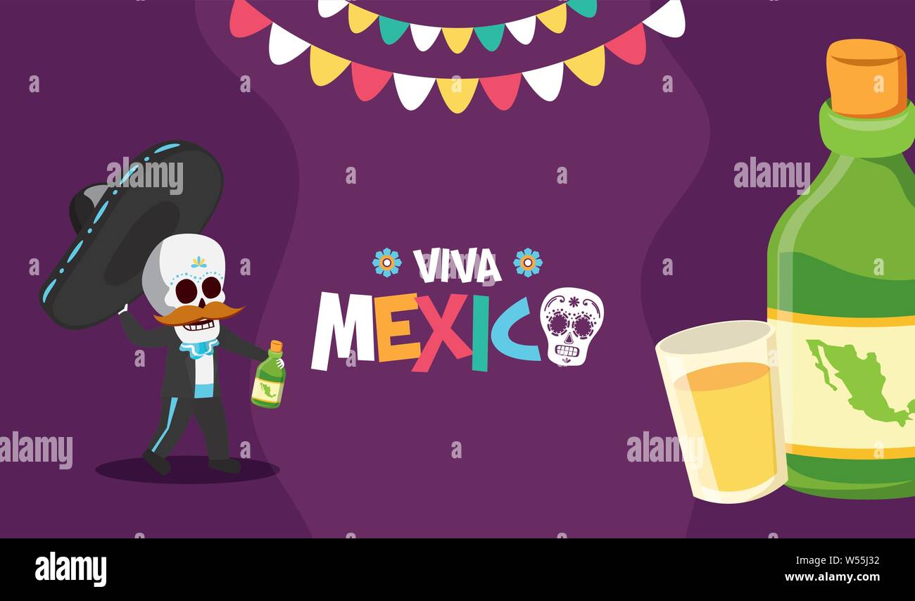 skeleton with bottle and shot tequila celebration viva mexico Stock ...