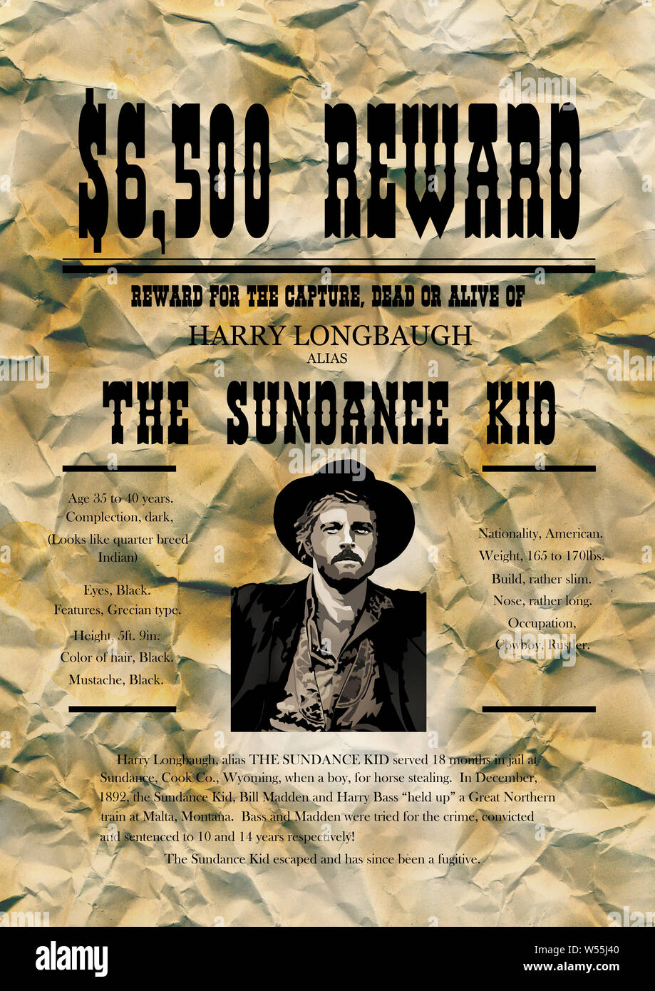 The Sundance Kid Wanted Poster. Stock Photo
