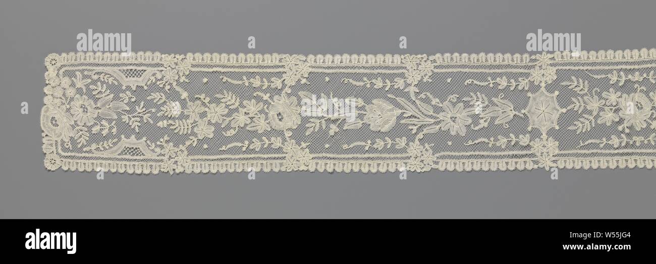 Bobbin lace tie with bead frame, Stern rectangular with compartments. In the middle a branch with a rose between two eight-pointed stars or cobwebs. From here, branches depend on the left and right with many kinds of flowers and leaves. At the end, a reserve tied in by rocailles with rose, daisy and bunch of flowers. Valencian side., anonymous, Ieper (possibly), c. 1880 - c. 1890, linen (material), Brabant Valenciennes lace, l 136 cm × w 14 cm Stock Photo