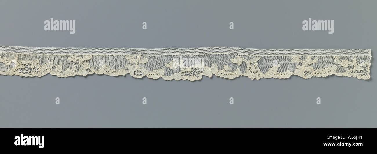 Strip of needle lace with à-jour medallions, Stretched scallops are formed by leaves with an open-worked middle vein, a round flower and medallions with a coarse grid. The ground in the middle part has been renewed. Alençon side., anonymous, France, c. 1770, linen (material), Alençon lace, l 85 cm × w 4 cm Stock Photo