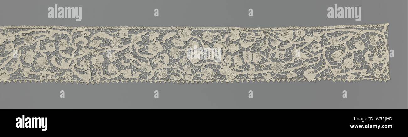 Strip of needle lace with flowers and tendrils, Strip of natural colored needle lace: flat Venetian lace. Asymmetrical, angular tendrils with bud-shaped flowers in a very open group spring from the crowd at a few nodes. Straight edge of equal triangles., anonymous, Burano (possibly), c. 1800 - c. 1899, linen (material), flat Venetian (needle point), l 110 cm × w 10 cm Stock Photo