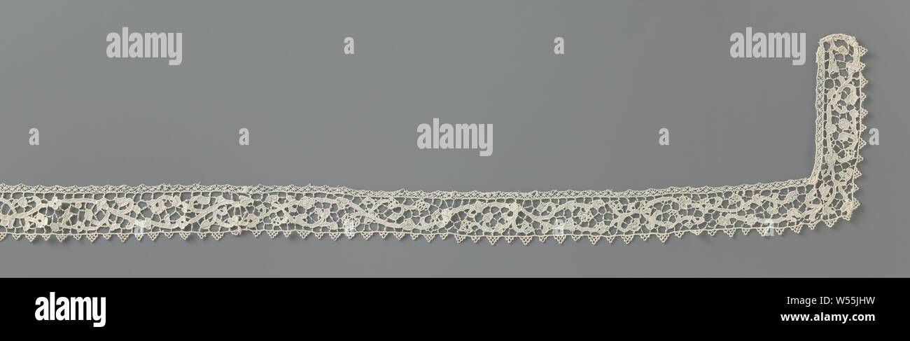 Strip of needle lace with elongated branch, Strip of natural colored needle lace: flat Venetian lace. Asymmetrical. Stretched running tendril with few flowers. Straight edge of triangles. Two corners were inserted later., anonymous, Venice, c. 1685 - c. 1699, linen (material), flat Venetian (needle point), l 133 cm × l 118 cm × w 4 cm Stock Photo