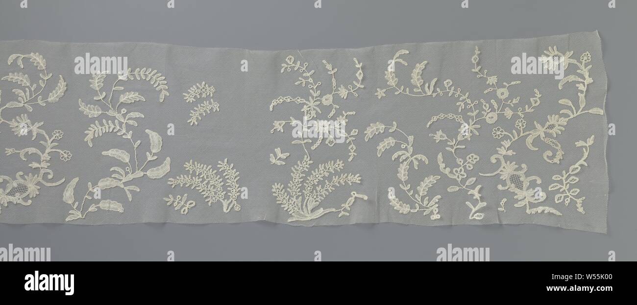 Frock decoration of application side with mimosa twigs, Frock decoration of natural colored application side, bobbin lace appliqued on machine tulle. Rectangular in shape, without finishing. Pattern with mimosa twigs and feathered leaves., anonymous, Belgium (possibly), c. 1890 - c. 1909, linen (material), l 97 cm × w 25 cm ×, 18.5 cm Stock Photo