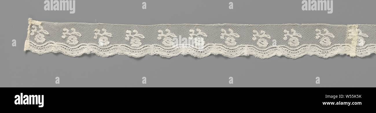 Strip of bobbin lace with hanging flower on branch, Natural strip of bobbin lace: Valenciennes lace. Above a scalloped edge with banding, a row of hanging flower twigs on a square Valenciennes ground., anonymous, Belgium, c. 1850 - c. 1900, linen (material), Valenciennes lace, l 141 cm × w 4.3 cm ×, 4.3 cm Stock Photo