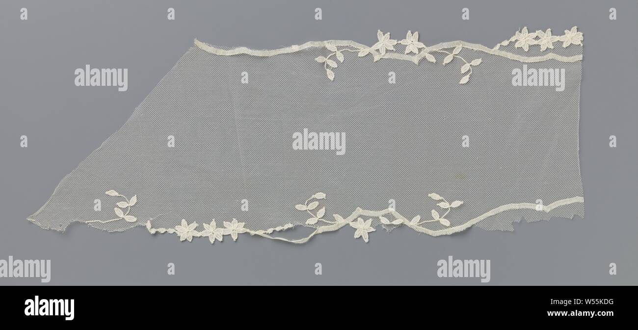 Strip application side of machine ribbon lace with star flowers on machine  tulle, Natural strip application lace: ribbon lace appliqued on machine  tulle with diamond mesh. The strip possibly belonged to the