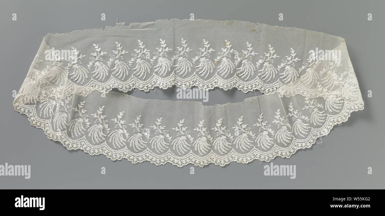 Strip lace embroidery on machine tulle with grass blades, Strip natural lace  embroidery on machine tulle, tulle embroidery. Repetitive motif of a  hanging grove with seven grass blades and one curved branch