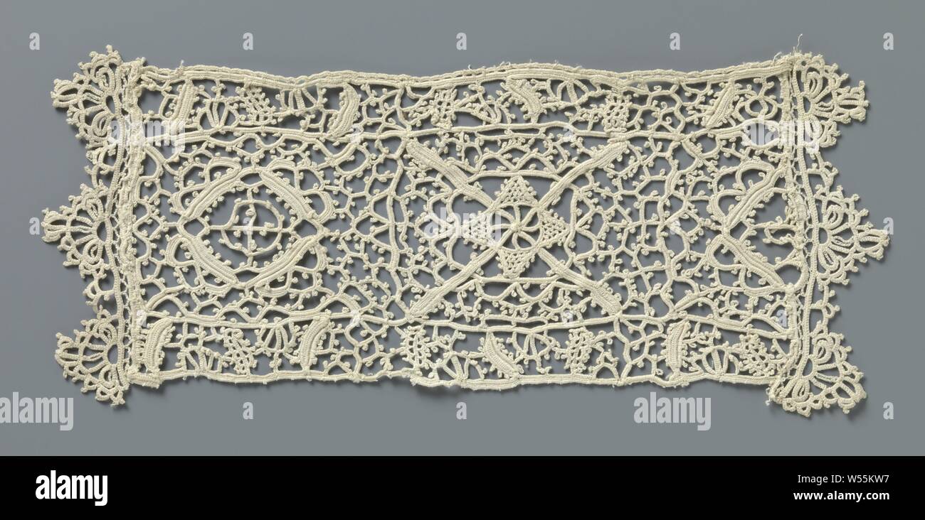Strip of crocheted lace with reticella motifs Strip of natural