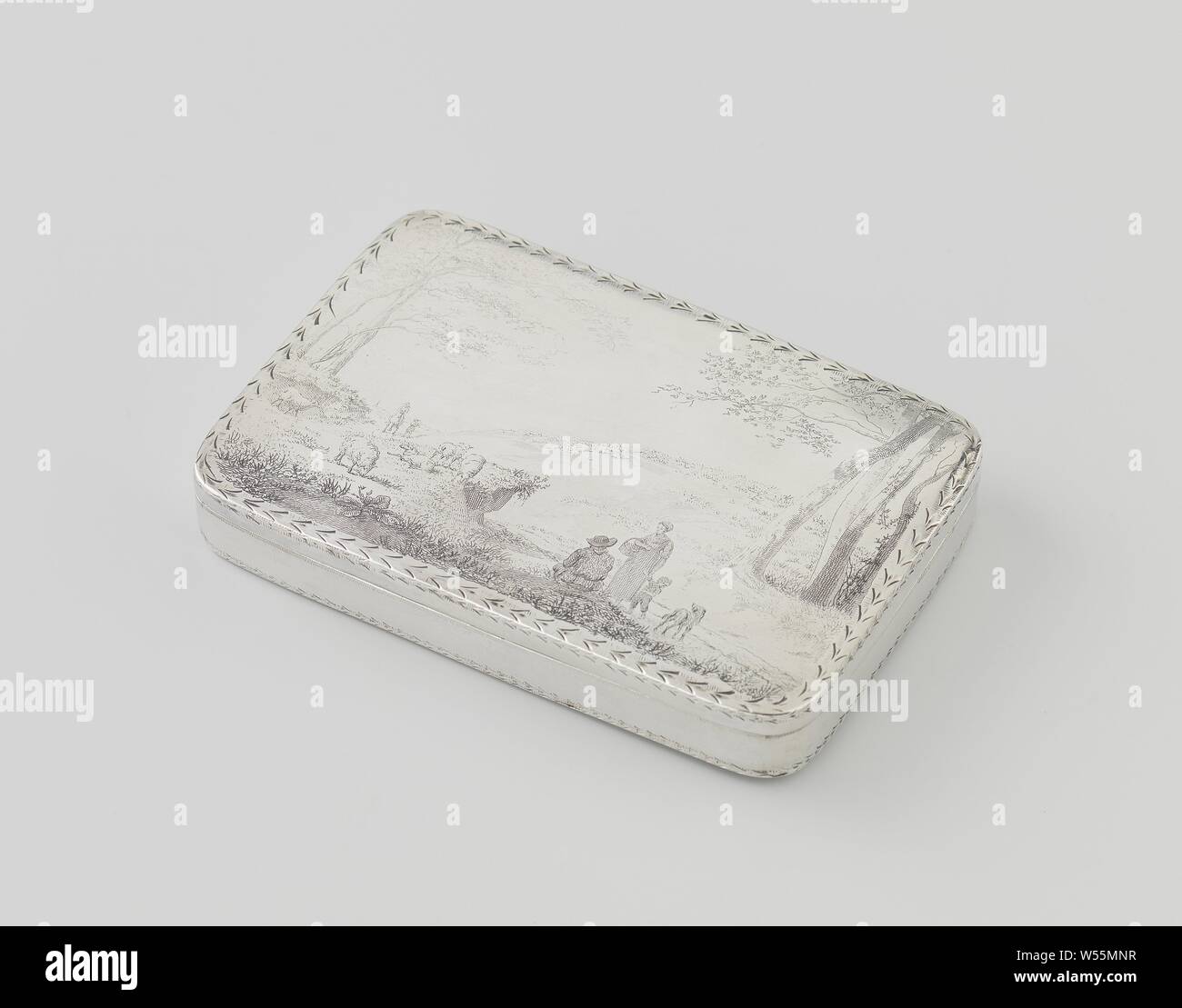 Tobacco box, Flat tobacco box of silver, oblong with rounded corners. A  hilly landscape is engraved on the lid, with a man, woman and boy with dog  in the foreground, landscapes in