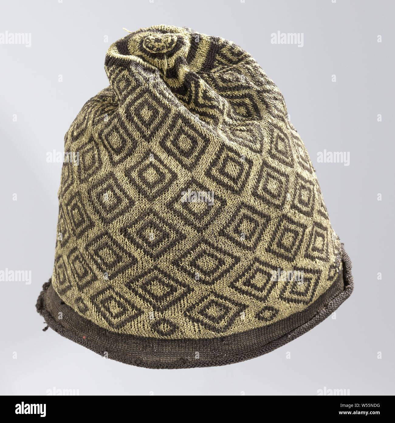 Cap Knitted Ball Of Black Silk With Diamond Shaped Geometric Ornaments Of Gold Thread And A Curled Edge Of Plain Black Silk Ball Of Black Silk With Diamond Shaped Geometric Ornaments Of Gold Thread