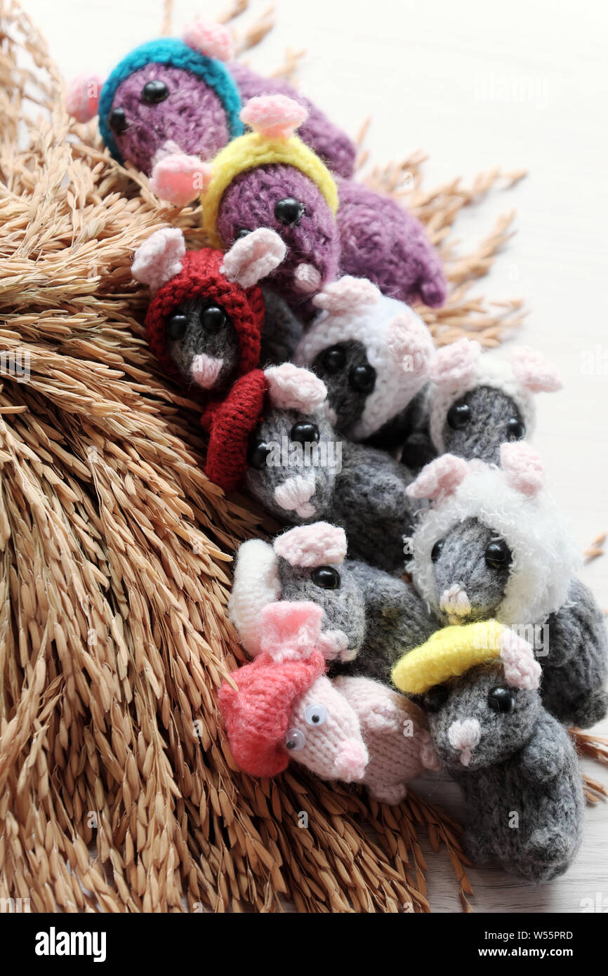 Colorful close up group of grey mice lay down on sheaf of yellow paddy on white background, tiny rats knit from yarn make funny concept Stock Photo