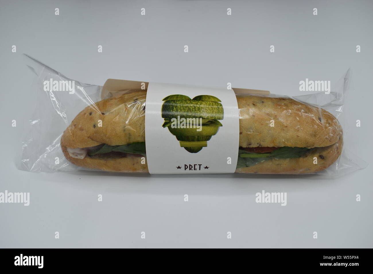 Pret Italian Prosciutto Baguette includes free-range egg yolk, wheat and sesame seeds.  Shown unopened in packaging. Stock Photo