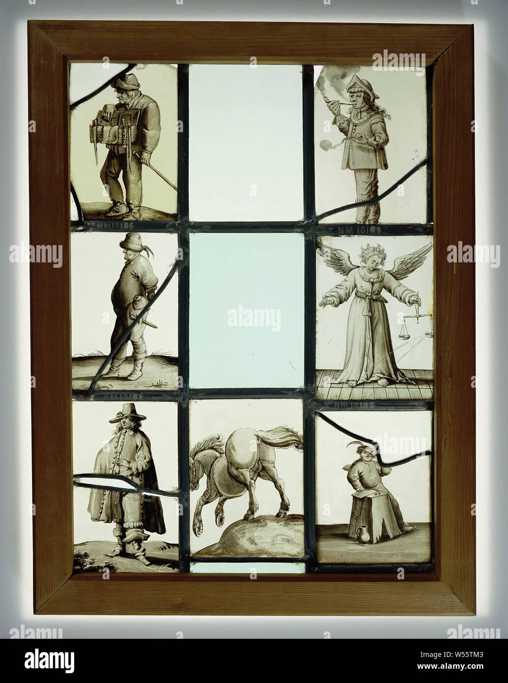 Panel with 9 panes, A panel consisting of nine (originally eleven) small panes. The three upper sets resp. a farmer with a dagger, a smoking young man and a pedlar in front. The two following: young man and woman in rich robes loving. They are seated in a garden where another couple is walking arm in arm, in the air the sign of 'the bull'. On the other window a scene with a fishwoman with a buyer and in the horizon a harbor with ships and in the upper right corner the sign of 'the scales'. Below three diamonds with respectively Faith, Justice and Love. The last three windows represent a Stock Photo