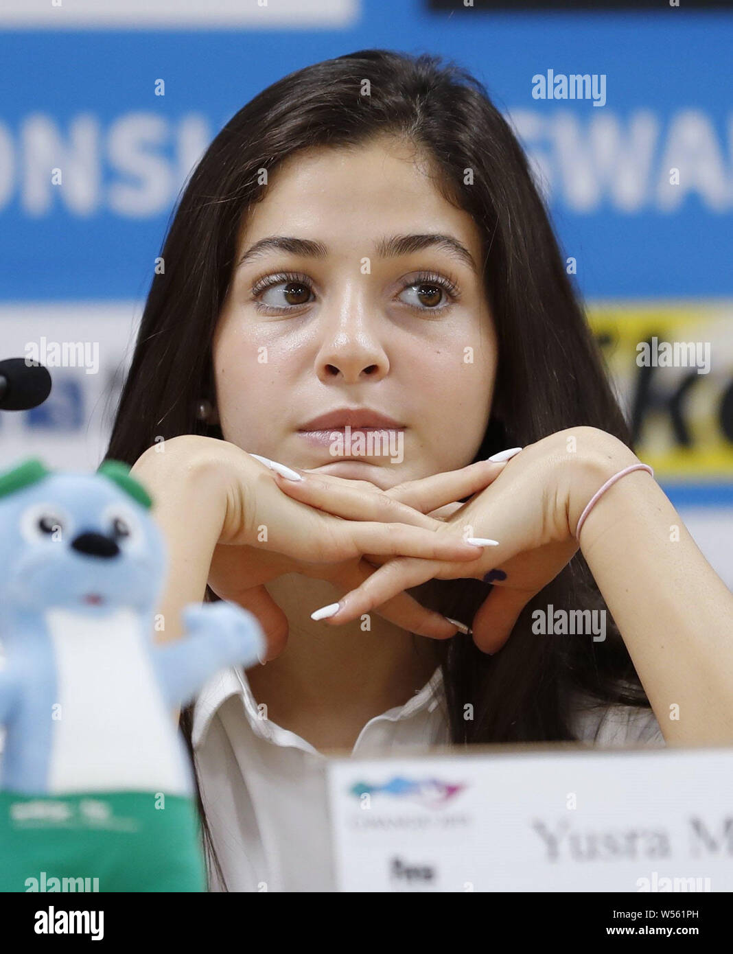 Syrian-born swimmer Yusra Mardini, who competed at the 2016 Rio de Janeiro Olympics as a member of the Refugee Olympic Team, attends a press conference in Gwangju, South Korea, on July 26, 2019. Mardini said she wants to swim at the 2020 Tokyo Olympics. (Kyodo)==Kyodo Photo via Credit: Newscom/Alamy Live News Stock Photo