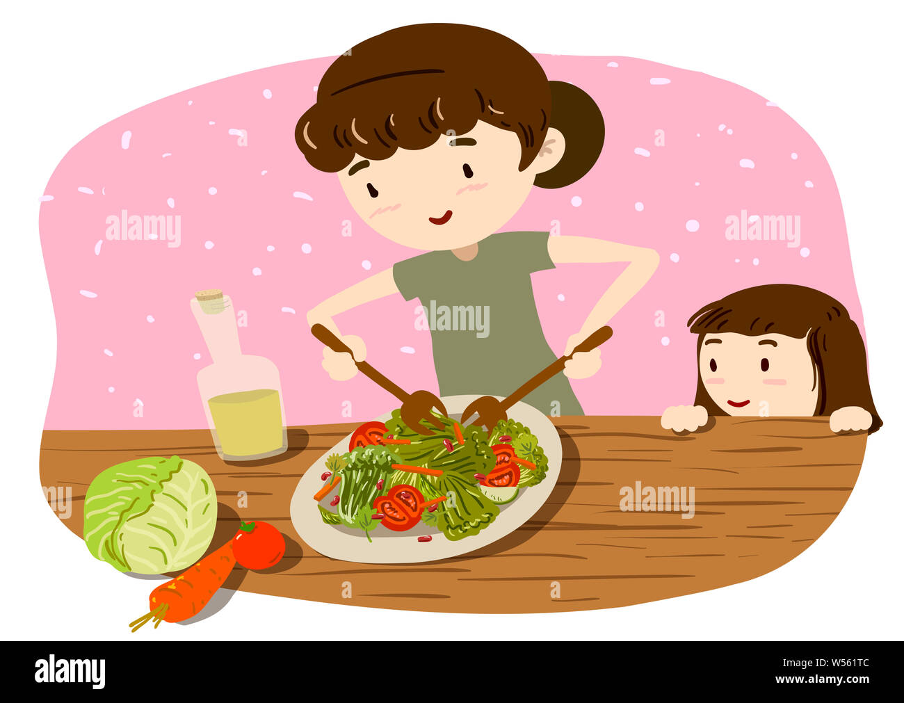 Illustration of mother and kid cooking Stock Photo