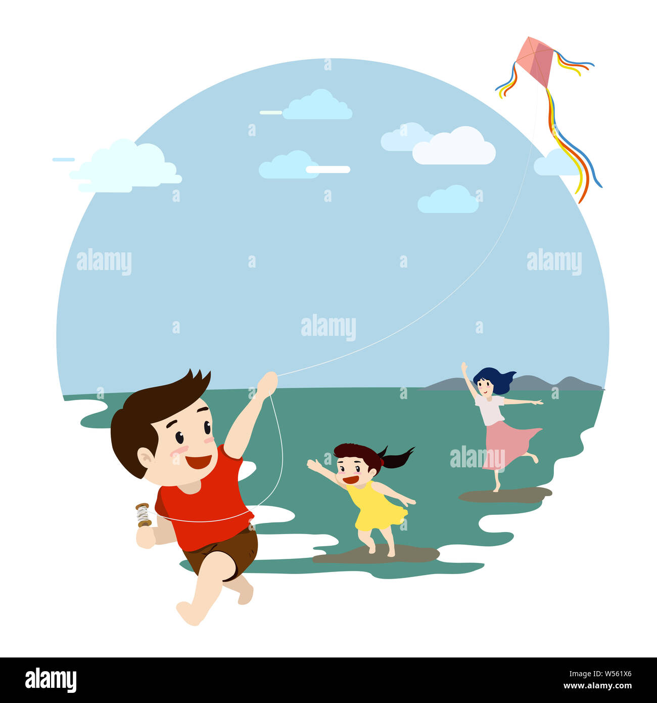 Family playing kite in a field, mother son and daughter, vector illustration Stock Photo