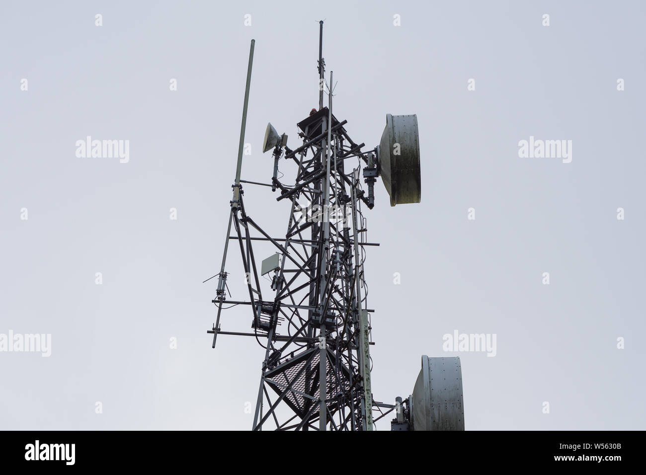 Telecommunication tower, wireless technology or TV antenna in the morning sky. Stock Photo